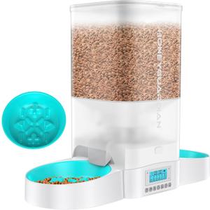 HoneyGuaridan Automatic Cat Feeder for Two Cats,5L Cat Food Dispenser with Slow Feeder Bowl,Timed Cat Feeder Programmable 1-6 Meals Control, Dual Power Supply,Desiccant Bag,10s Meal Call White