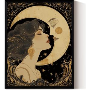 ARPEOTCY Framed Canvas Wall Art,11x14 Inch Vintage Moon and Woman Wall Art, Celestial Goddess Nouveau Black Gold Romantic Print, Mystical Boho Wall Decoration for Living Room Entryway Bedroom