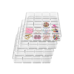 Hiyoo 4 PCS Stackable 16 Grids Jewelry Organizer Tray, Clear Earring Display Stand Ring Storage Tray Plastic Drawer Organizer for Makeup, Accessories, Desk, Vanity 3 Missing