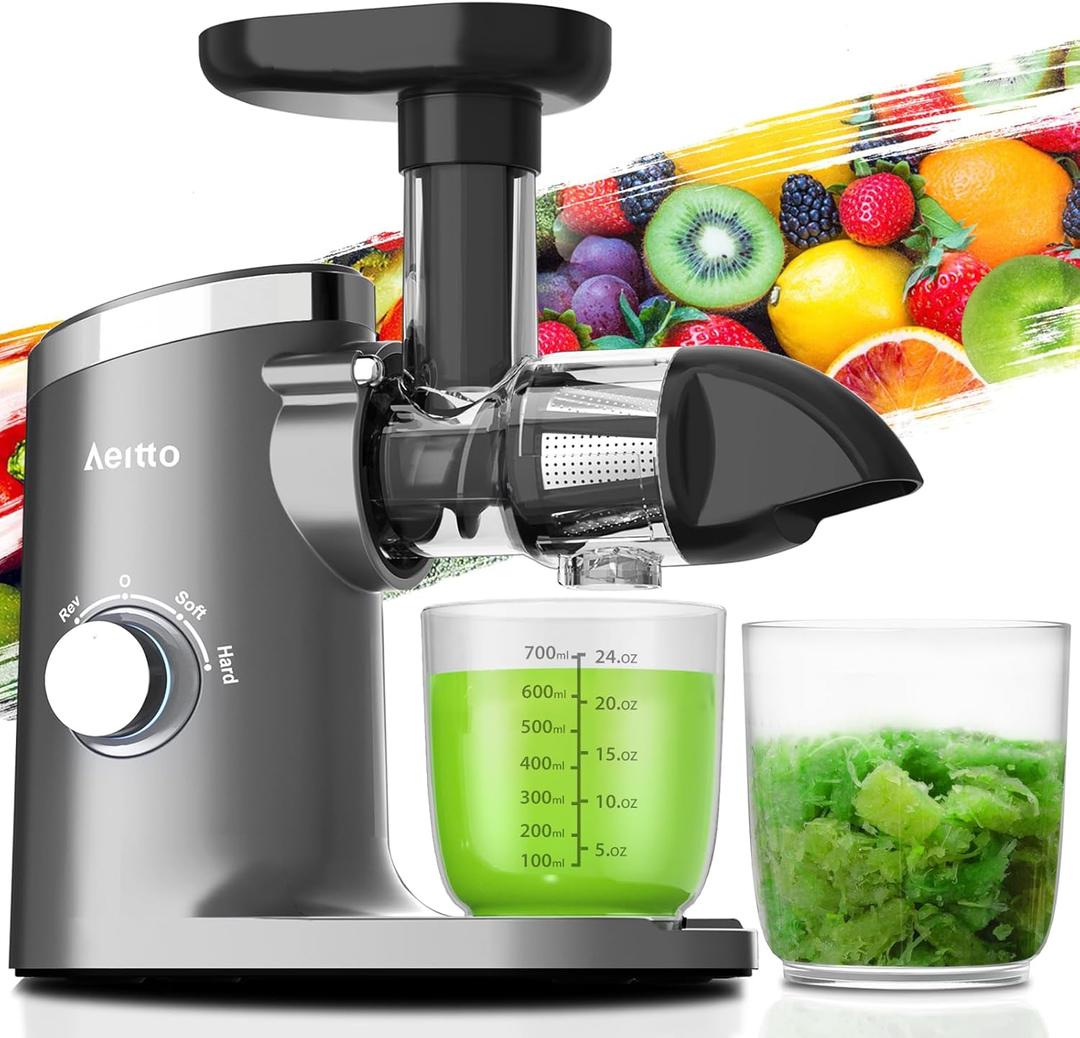 Aeitto Classic Horizontal Cold Press Juicer Easy to Clean, Masticating Juicer with Quiet Motor, High Juice Yield, Juicer Machines with Soft & Hard Modes for Fruits & Vegetables, Grey (Medium)