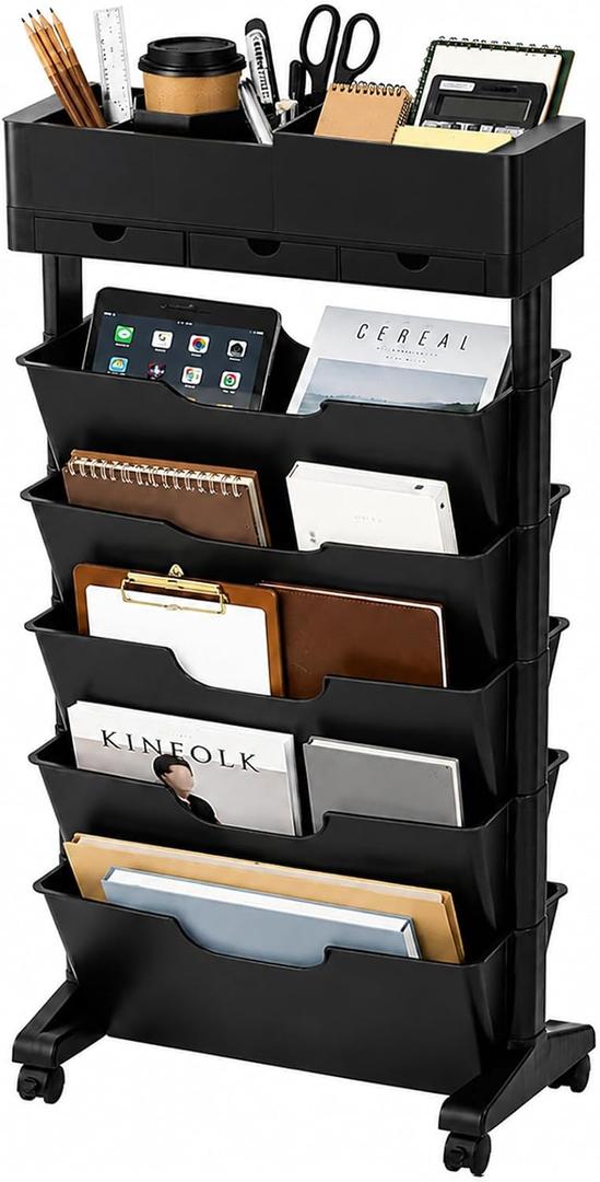 5 Tier Rolling Book Cart Multi-Functional Movable Storage Bookshelves