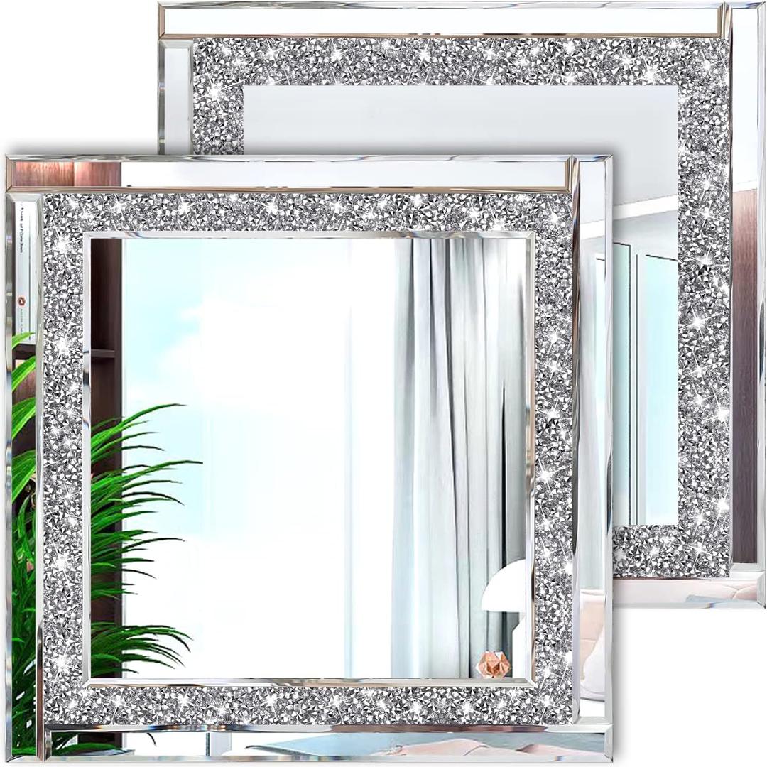 Meetart Crystal Crush Diamond Silver Mirror 12'' x 12'' 2PCS,Frameless Stylish Gorgeous Diamond Decor Glam Glass Mirror. for Bedroom Bathroom Hanging Mirror Home for Wall Decor.