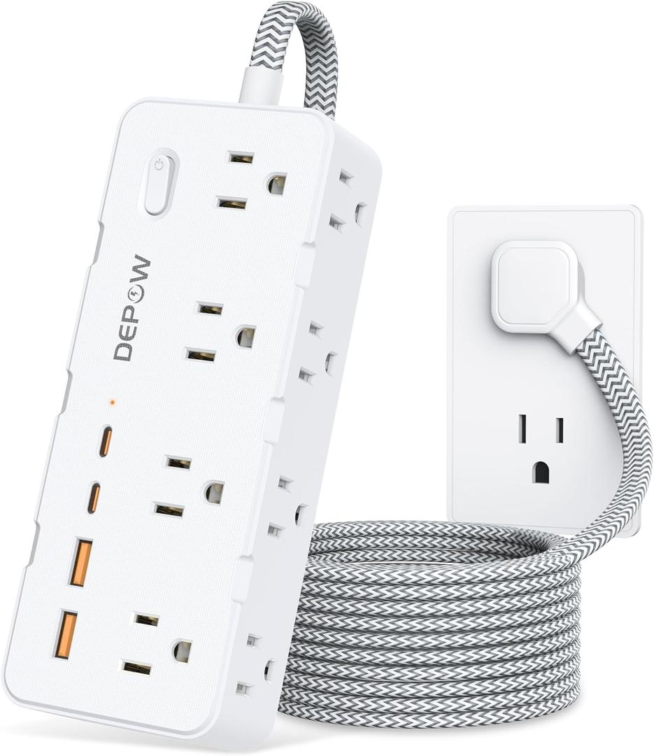 DEPOW Power Strip Surge Protector, 5FT Braided Extension Cord with Multiple Outlets-8 AC Outlets 4 USB Ports (2 USB C), Flag Plug Charging Station, 1700 Joule Surge Protection for Home Office, White