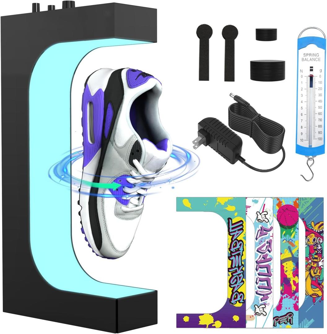 Levitating Sneaker Display Stand, 360 Floating Shoe Display with Adjustable Gram/Color/Spin, DIY Stickers Included, Magnet Display for Collector/Shop Exhibition/Home Decoration, Jet Black