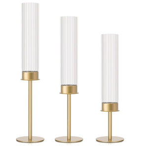 Gold Candle Holders Set of 3 Decorative Taper Candlestick Holders with Windproof Glass for Wedding Reception, Home Decor, and Holiday Centerpieces Elegant Heights of 14'', 16.5'', 18.8''