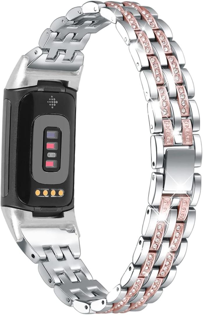 Bling Bands Compatible with Fitbit Charge 6/Charge 5, Metal Bracelet Luxurious Rhinestone Replacement Wristband for Women, Silver Black Gold