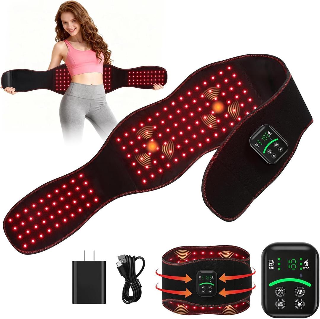 Red Light Therapy Belt for Body Back & Abdomen, 5000mAh Cordless Infrared Waist Wrap with 10Hz/40Hz Pulse, 3 Red Light & Vibration Massage, Portable Gift for Parents & Seniors (Black)