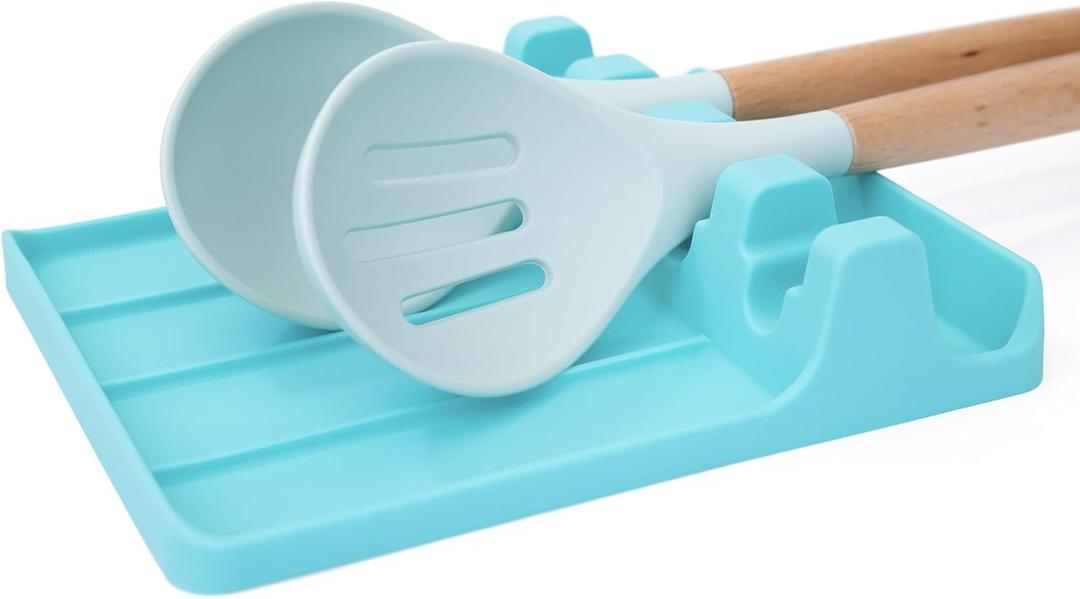 Silicone Spoon Rest - Large Cooking Utensil Holder with Drip Pad Walls - Multiple Spoon Rest with Wider Slots for Bigger Utensils, BPA-Free Spatula Rest for Stove, Kitchen, Countertop (Tranquil Turquoise)