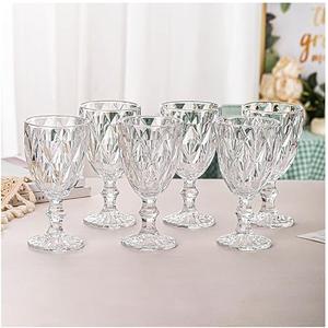 Vintage Wine Glasses Set of 6, Plastic Reusable 12 Ounce Colored Water Goblets, Unique Embossed Pattern Unbreakable Stemmed Wine Glasses High Clear Wedding Party Bar Drinking Cups Clear