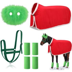 Paterr 7 Pcs Christmas Horse Accessory Set Xmas Santa Elf Horse Cape Halters Leg Wraps Hat Tack Costume Set (Red, Green)