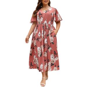 Nemidor Womens Plus Size Maxi Dress Summer Boho Sundress Floral Print Flared Casual Long Dresses with Pocket (Pink White), US 26