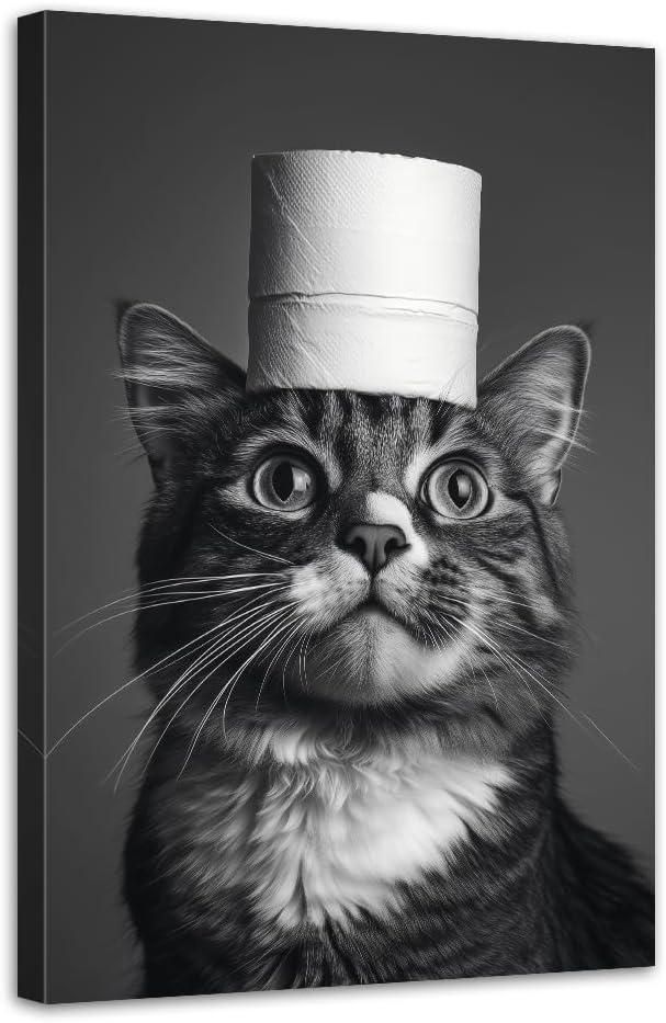 Funny Bathroom Canvas Wall Art Cute Cat Bathroom Picture Prints Black and White Animal Paintings for Toilet Washroom Decor Framed(Animal-3,16.00" x 24.00")