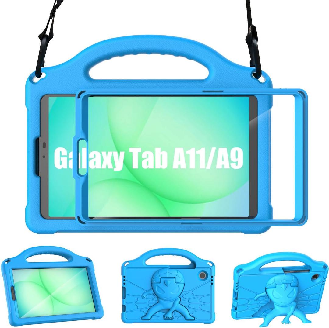 Kids Case for Samsung Galaxy Tab A11 2025 / A9 2023 8.7 inch Tablet, Galaxy Tab A11 /A9 Case with Screen Protector, Shockproof Handle Stand Protective Cover with Shoulder Strap -Blue