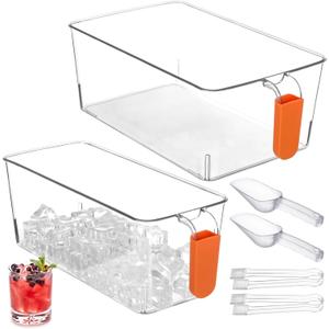 2 PCS Ice Bin with Scoop and Tong, Ice Bucket with Pull-out Handle for Freezer, 2 Sizes Clear Plastic Ice Container for DIY Drink Summer Party, 12.2 x 6.9 x 4.3 in, 12.2 x 4.9 x 4.3 in