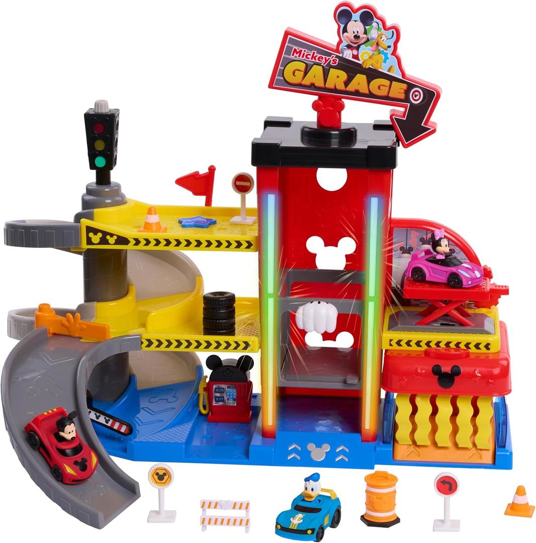 Disney Junior Mickey Mouse Ready to Race Toy Car Garage, Lights and Sounds, 20-piece Vehicle Playset, Includes Bonus Character, Kids Toys for Ages 3 Up by Just Play