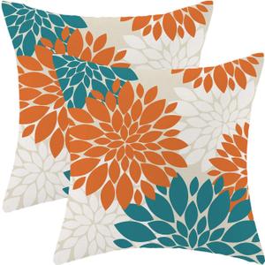CXMEIFLY Fall Burnt Orange Outdoor Pillow Covers 18x18 Inch Set of 2 Aqua Teal White Dahlia Floral Decor Throw Pillows Modern Geometry Flower Decorative Cushion Cases for Sofa Couch Bed Decorations