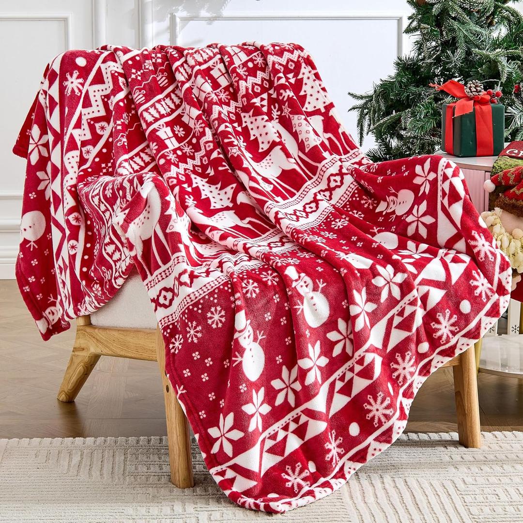 Edenleaf Christmas Blanket Soft Cozy Fleece Throws with Snowman Snowflake Reindeer and Xmas Trees Print, Fuzzy Warm Christmas Throw Blanket for Couch Bed Holiday Decorations Gifts 50"x60" (Red) (04 Xms Red)