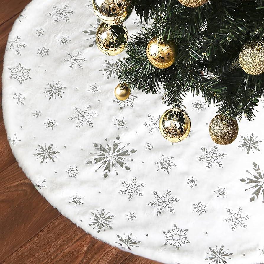 36 Inch Christmas Tree Skirt,White Snowflake Decor Soft Plush Faux Fur Jacquard Christmas Tree Skirts for Xmas Holiday Home Party Decorations Indoor
