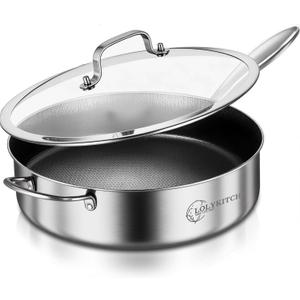 LOLYKITCH 6 QT Hybrid Tri-Ply Stainless Steel Non-Stick Saut Pan with Lid,12 Inch Deep Frying Pan,Large Skillet,Jumbo Cooker,Induction Pan, Oven Safe and Detachable Handle.