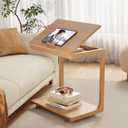AQIMUELE Wooden C-Shaped End Table,Couch Table with Adjustable Desktop,Small Rolling Side Table with 2 Lockable Wheels 23.6" Width,Small End Table for Couch, Living Room,Bedroom (Natural), 15.6"D x 23.6"W x 24.8"H