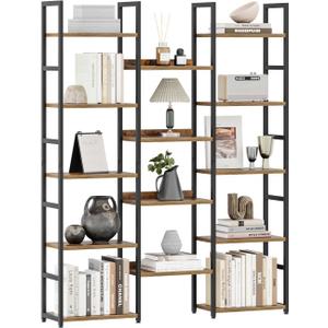 OTK Triple Column 5 Tier Bookshelf, Large Bookcase with 14 Open Display Shelves, Adjustable Industrial Book Shelf with Baffles, Wide Bookshelves for Bedroom, Living Room and Home Office, Rustic Brown