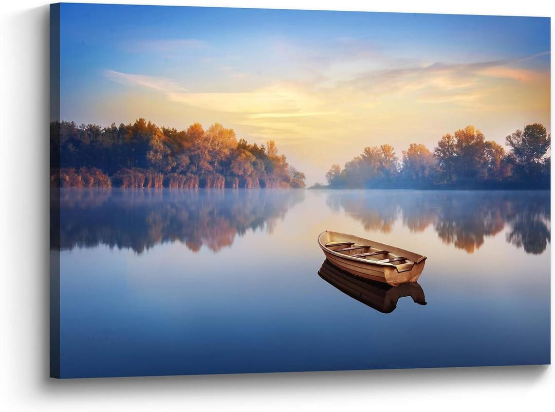the stream design Lake Canvas Wall Art Decor: Nature Landscape Picture Boat Scenery Painting Print Relaxing Forest Water Artwork for Bedroom Living Room Home Office Decoration
