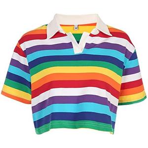 Women's Rainbow Printed Polo T-Shirt Short Sleeve Skinny Y2K Streetwear Crop Top Size L
