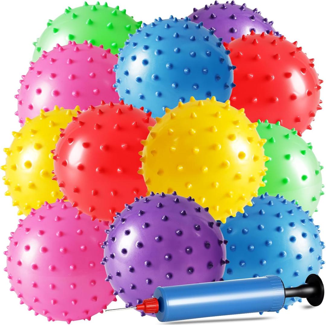 LOVEINUSA 12 Pack Bouncy Ball Knobby Massage Ball, 5" Spiky Sensory Toy for Kids & Adults, Stress Relief Office Desk Fidget Toy, School Prize & Party Favors with Pump
