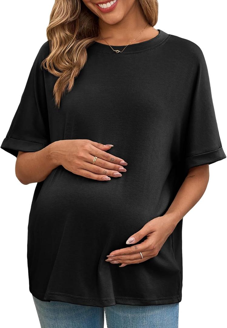 Tankaneo Womens Maternity T Shirts Oversized Short Sleeve Tunic Tops Casual Summer Loose Fit Crewneck Pregnancy Clothes (Black, M)