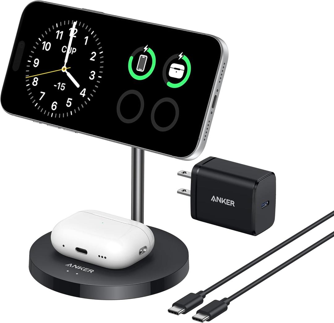 Anker MagSafe Compatible MagGo Charger Stand, iPhone 17 Wireless Charger, 2-in-1 Charging Station, Qi2 Certified 15W Fast Charging, for iPhone 17/16/15/14/13/12, AirPods Pro (40W Adapter Included) (Black)