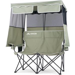 Huskfirm Double Camping Chair with Shade Canopy 2 Person Folding Chair with Canopy Portable Beach Chair Heavy Duty Camping Chair with Two Cup Holders and Side Pocket for Outside Camping,Beach,Sports, 54.6 inches x 19.5 inches x 54.6 inches