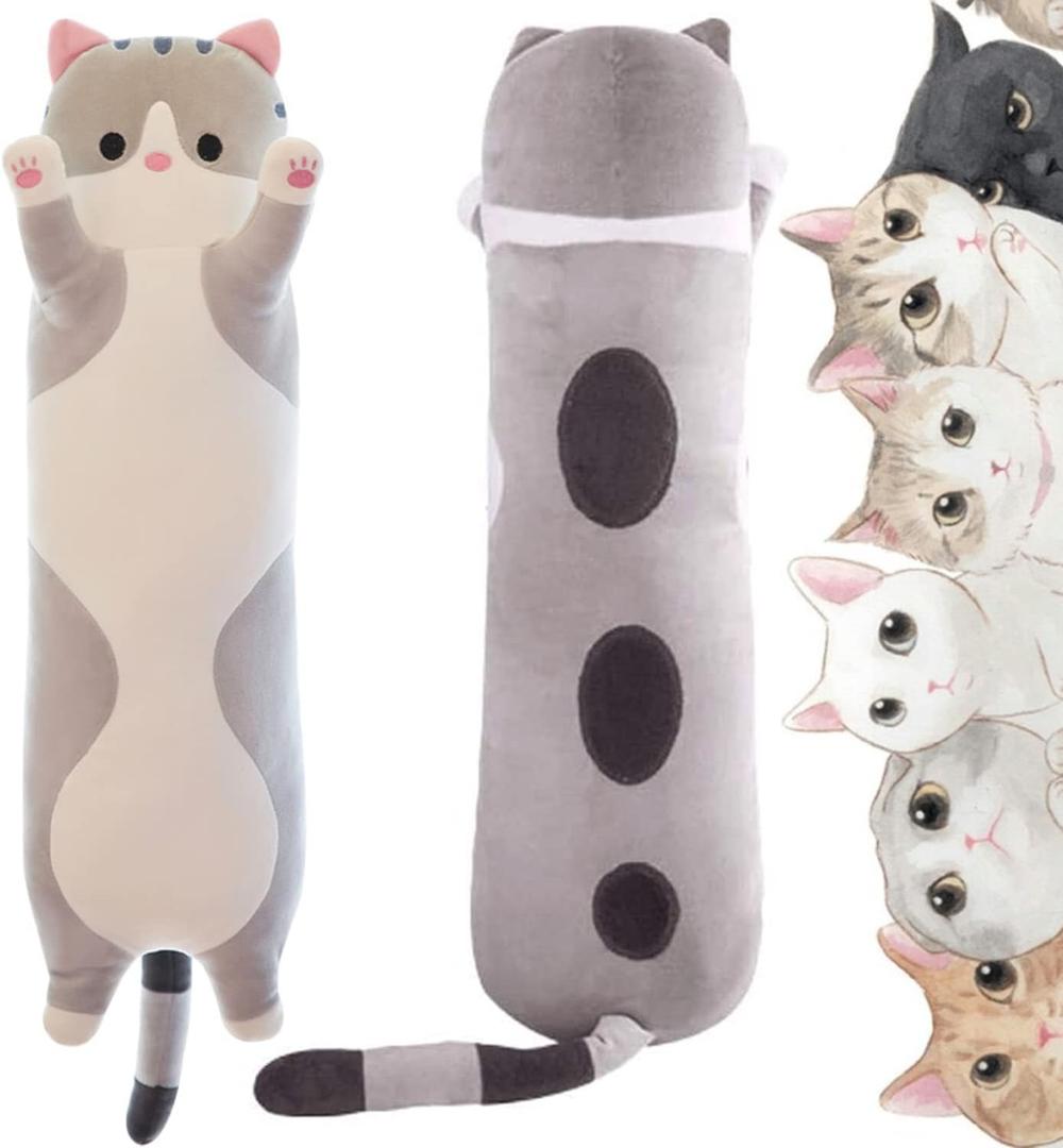2 x Handytoolinc Soft Cat Plush Kitten Pillow - Long Body Stuffed Animal Sleeping Pillow, Cotton, Grey (19.7inch/50cm) - Gift for Kids, Girlfriend