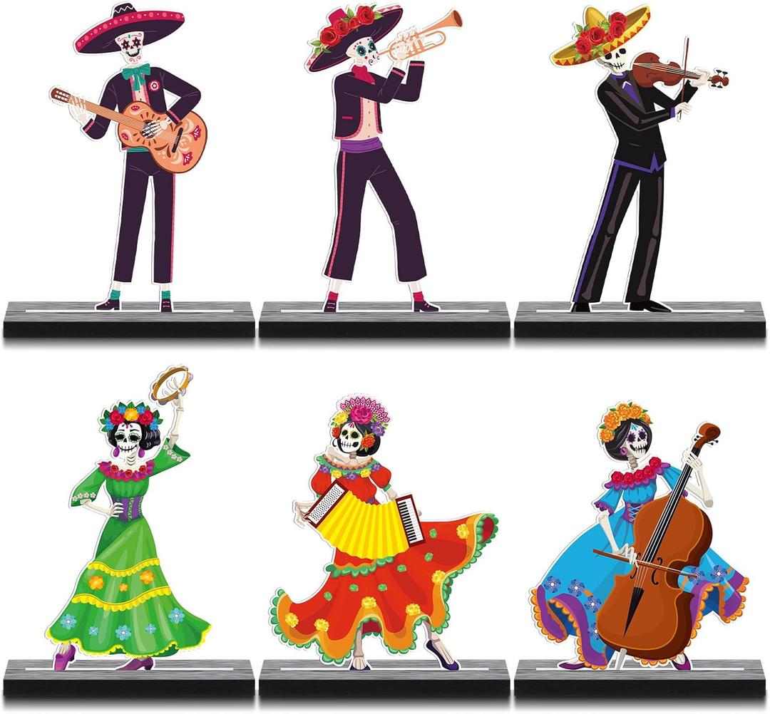 Roowest 6 Pcs Day of The Dead Table Decorations Mexican Dia De Los Muertos Altar Wooden Centerpiece Dancing Couple Sugar Skull Decor Day of The Dead Mexico Tabletop Detachable Sign for Halloween Party