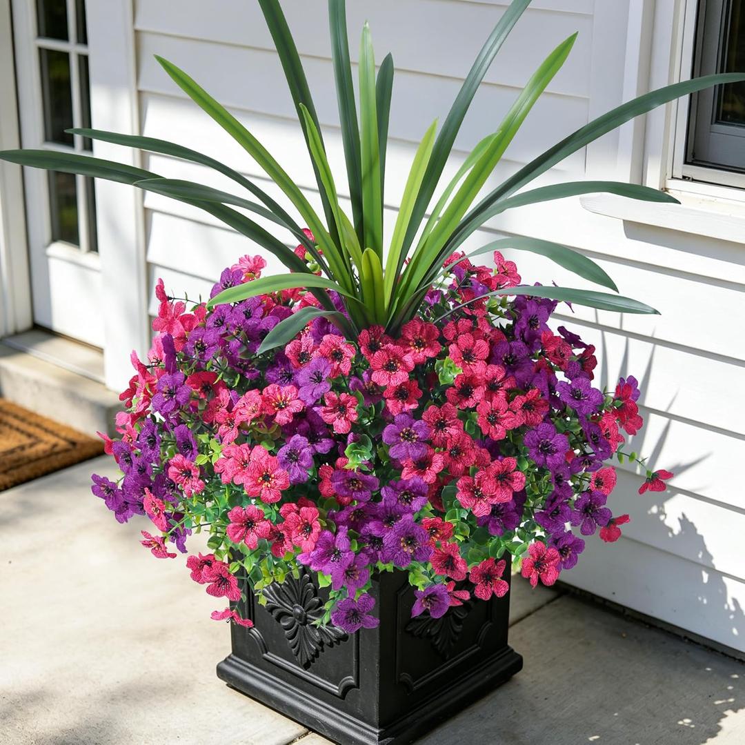 INSPRING Artificial Flowers for Outdoors, UV Resistant 12 Bundles Silk Flower Daisy with Eucalyptus + Orchid Leaf, Realistic Faux Outdoor Flowers for Porch Planter Garden Patio Boxwood, Purple Pink