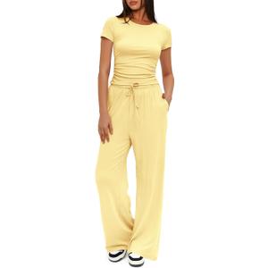 Darong Women's 2 Piece Set Outfits Lounge Sets Ruched Short Sleeve Tops High Waisted Wide Leg Pants Tracksuit Sets (X-Large, Light Yellow)