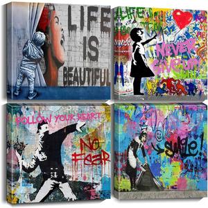 Biufo Banksy Canvas Wall Art Artwork Graffiti Street Print Pictures for Bedroom Living Room Wall Decor (12"x12"x4Pcs) (White)