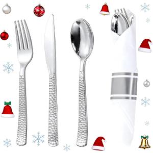WELLIFE 50 Pack Silver Plastic Silverware,Wrapped Silverware Set Disposable,Hammer Pattern Design,Includes:50 Forks, 50 Knives, 50 Spoons, 50 Napkins,Utensils Plastic Disposable for Christmas