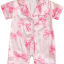 Kavousa Newborn Baby Girl Birthday Satin Pajamas Bow Cake Romper Button Down One-Piece Jumpsuit Sleeper Infant Silk Sleepwear 3-6M