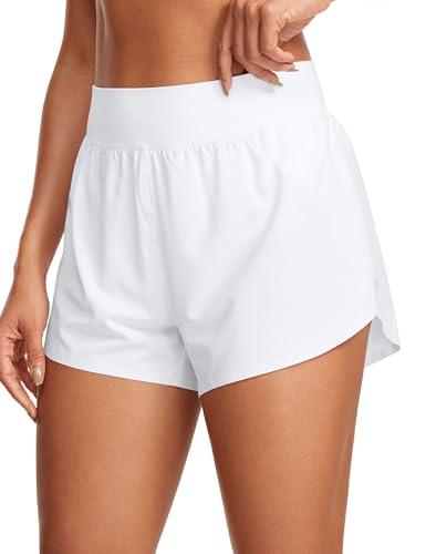 CRZ YOGA High Waisted Dolphin Athletic Running Shorts for Women 3" High Split Comfy Mesh Liner for Gym Workout Track White Small