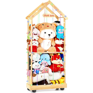Stuffed Animal Storage Toy Storage Organizer – Doodleable Wooden Stuffed Animal Holder with LED Light, 360° Swivel Wheels for Nursery Playroom Bedroom Kids Room