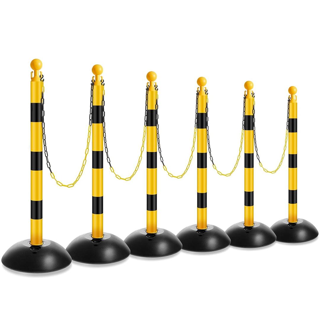 Amylove Plastic Stanchion Post Set, Traffic Warning Line Stanchion Crowd Control Safety Barriers Driveway Barrier with 5 Chains and 10 S Hooks for Outdoor Indoor Parking(Yellow Black,6 Pcs)