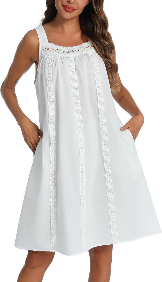 YOZLY Cotton Nightgowns for Women Sleeveless Tank Night Gown Sleepwear with Pockets (3X-Large, A-Solid White)