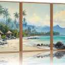 Rantodecor Tropical Coastal Framed Canvas Wall Art, Beach Landscape Posters Wall Decor, Island Palm Trees Beach House Art Paintings, Seascape Mountains Artwork for Bedroom Living Room Office 16"x24"x3