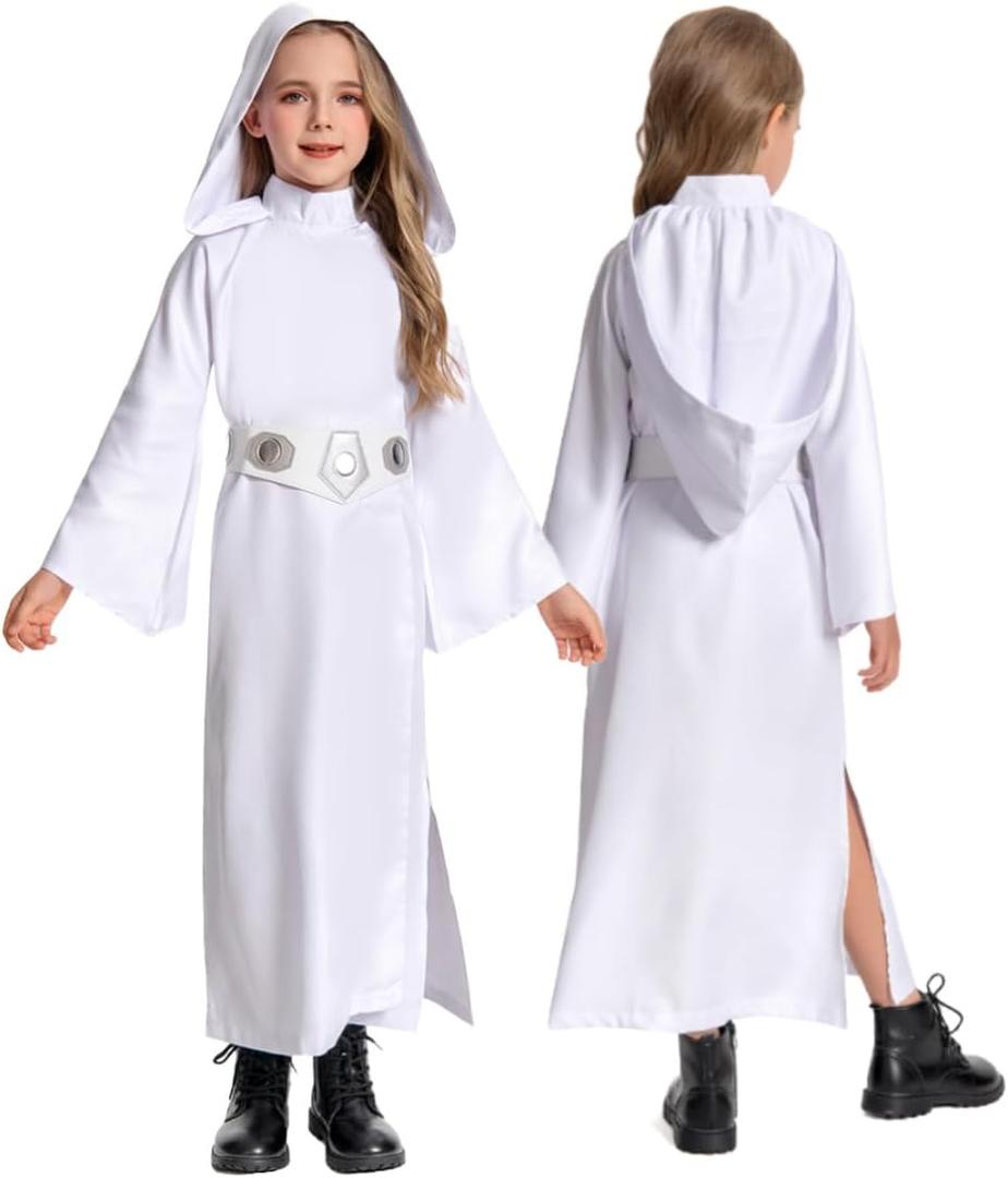 Children's Princess Cosplay Costume Girls White Tunic Hooded Robe Halloween Kids Outfit (Medium)