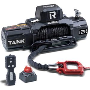 RUGCEL WINCH 12000lb New Waterproof Electric Synthetic Rope Winch 12V with Hawse Fairlead,2 in 1 Infrared Remote Control,Wired Control,Black Rope,for Truck SUV