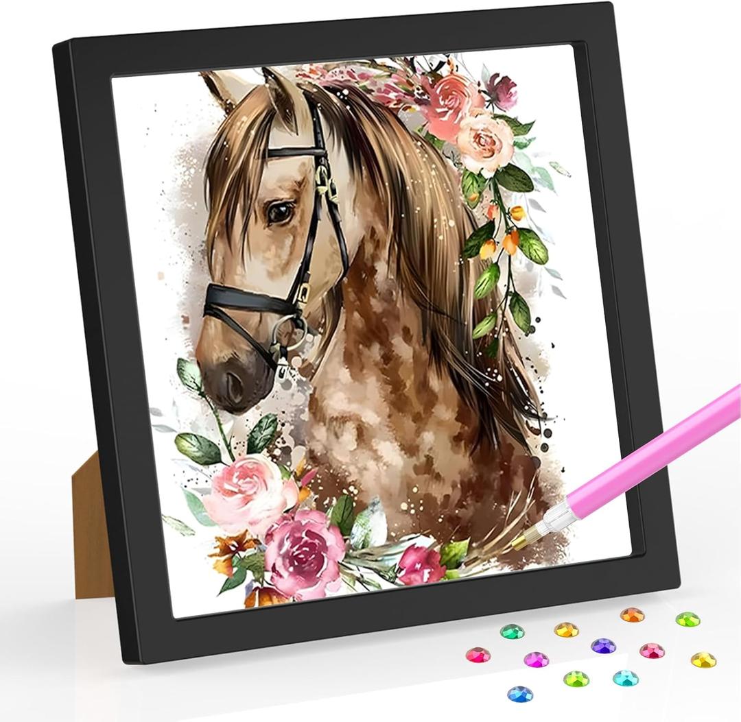 SENQAO Horse Diamond Art Kit for Kids with Frame, Ages 4-8, Easy Gem Art Kit for Home Wall Decor (7.1x7.1 inch)