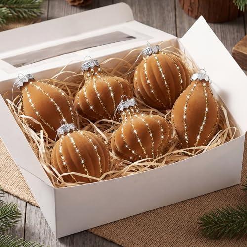 Jenaai 6 Pcs Velvet Glitter Christmas Tree Ornaments Set 3.15 Inch 3 Style Flocked Christmas Balls Ornaments Xmas Balls Decoration for Xmas Tree Decorative Party Wedding(Light Brown)