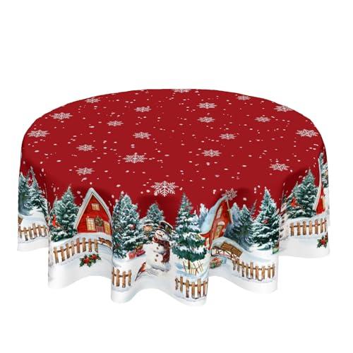 Barneova Red Christmas Tablecloth Round 60 Inch Winter Snowflake Snowman Decoration Outdoor Table Cloth Christmas Trees Red Outdoor Table Cover for Dining Kitchen Holiday Party Picnic Home Decor