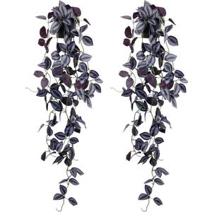 LOYWREE 2Pack Small Fake Hanging Purple Plant Artificial Potted Plants Indoor 39-in Long Faux Dark Black Vine Plant for Shelf Home Office and Outdoor Garden Decor (Black Pot)
