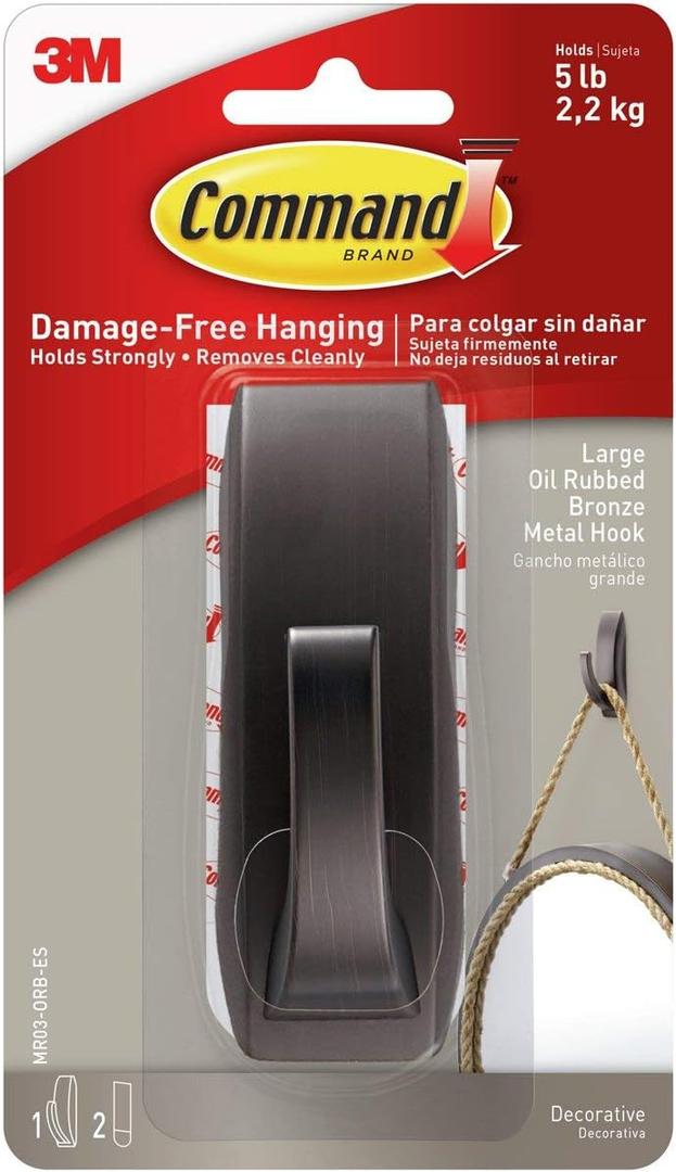 Command Large Modern Reflections Metal Hook, Holds up to 5 lb, Oil Rubbed Bronze, 1 Wall Hook with 2 Strips, Damage-Free Hanging Hooks for Hanging Decorations in Living Spaces